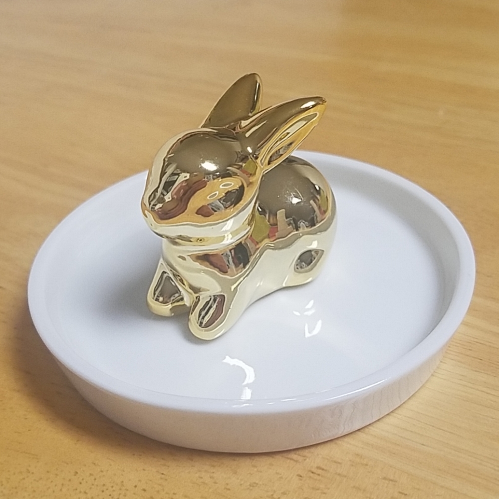 Golden Bunny Jewelry Ring Dish in White